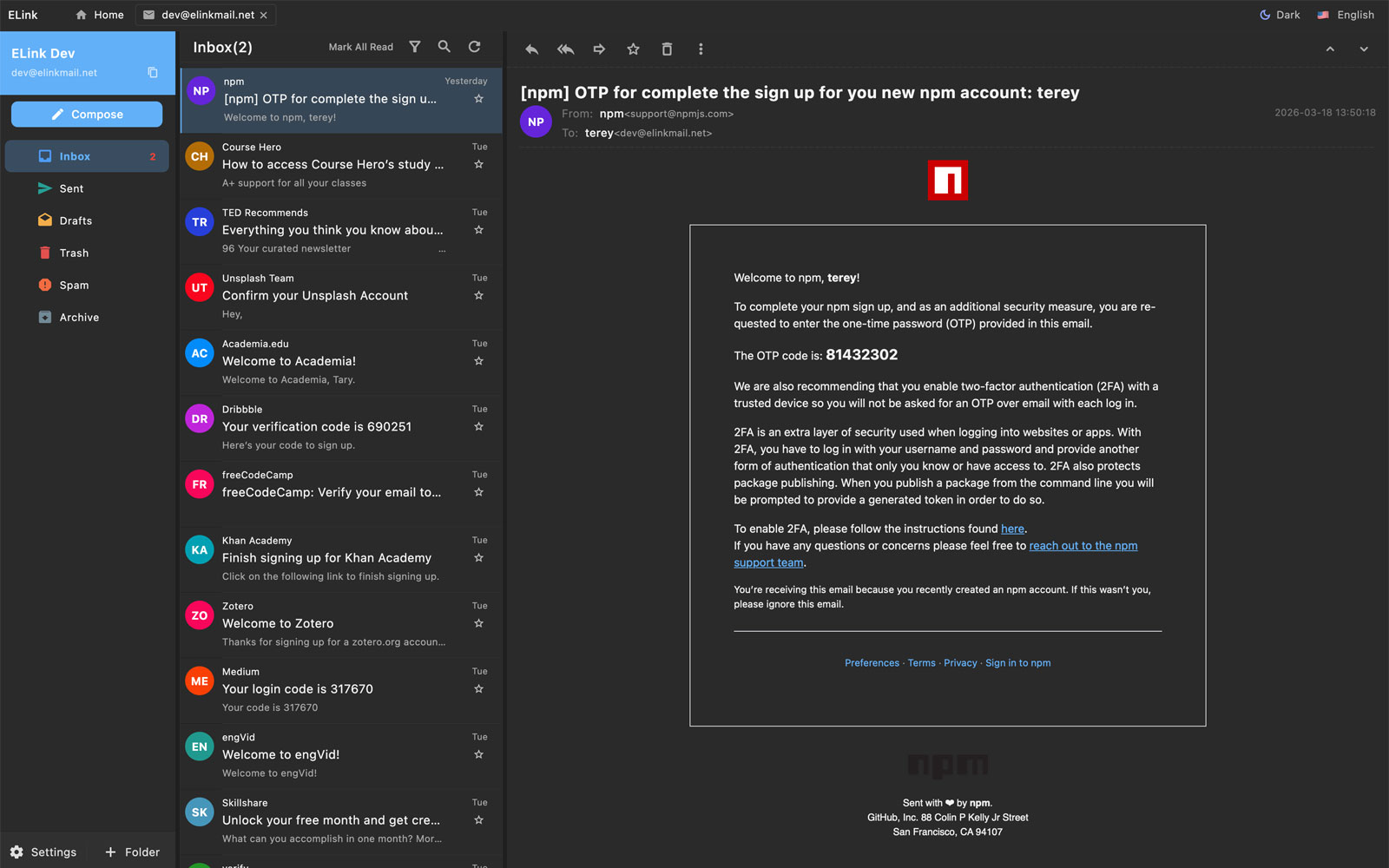 ELink Mail desktop interface