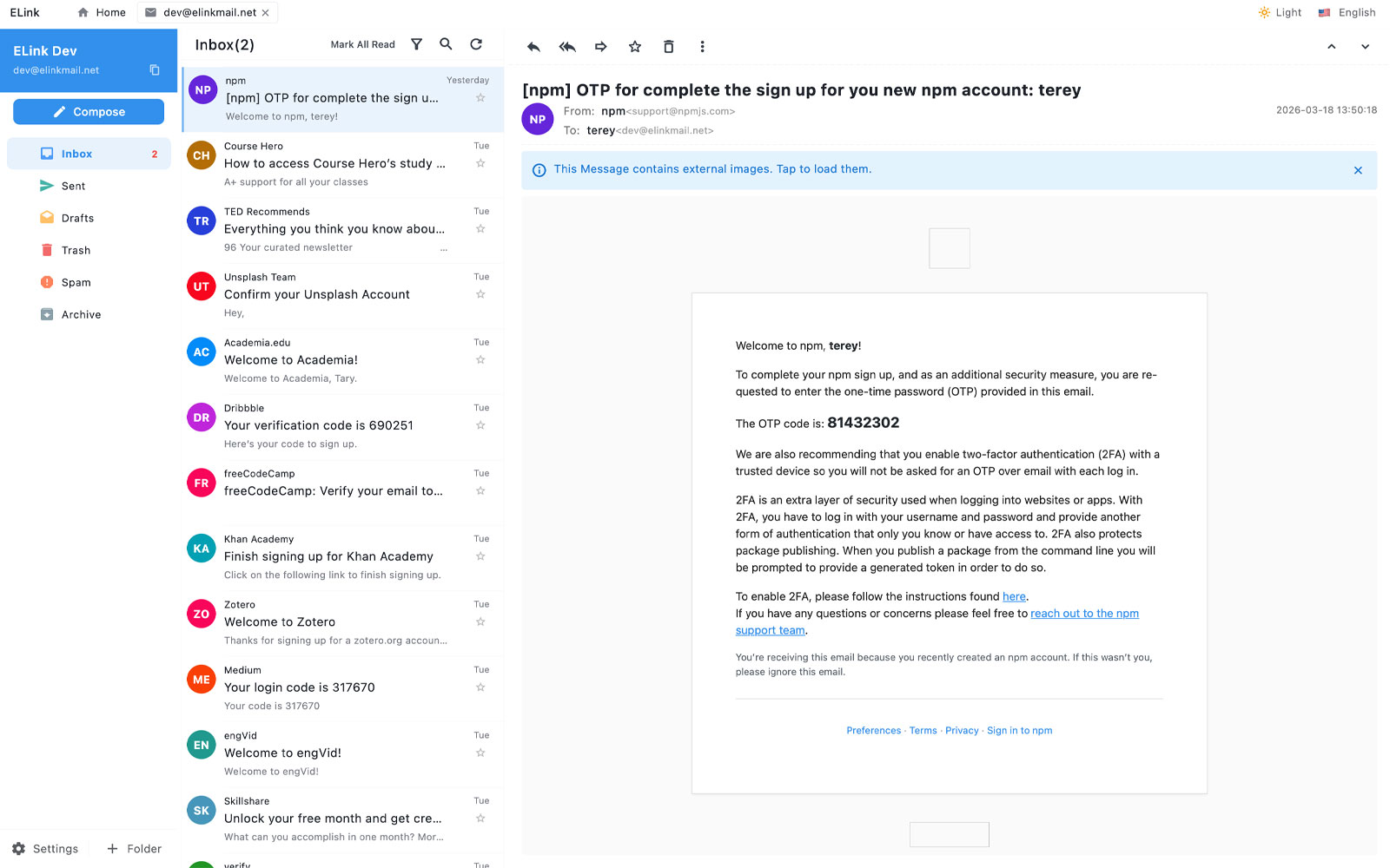 ELink Mail desktop interface